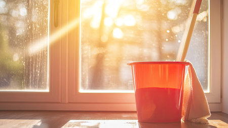 A vibrant scene capturing a cleaning bucket and cloth by a sunlit window, showcasing a tranquil moment filled with warmth and cleanliness.の素材