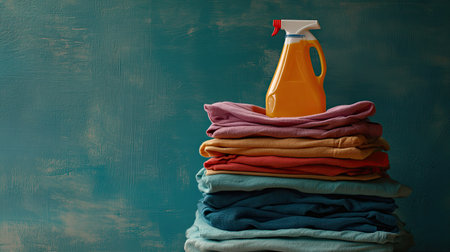 A vibrant stack of neatly folded colorful clothes topped with a yellow spray bottle. Perfect for conveying themes of cleanliness, organization, and home care.の素材