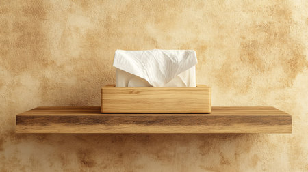 Simple and elegant wooden tissue box on a shelf against a textured beige wall, enhancing modern interior decor with minimalistic charm and functionality.の素材