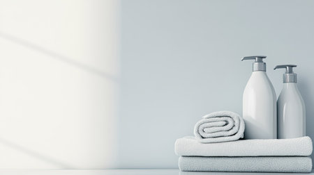 This image showcases a minimalistic arrangement of clean towels and skin care bottles, evoking a sense of tranquility and wellness in a modern space.の素材