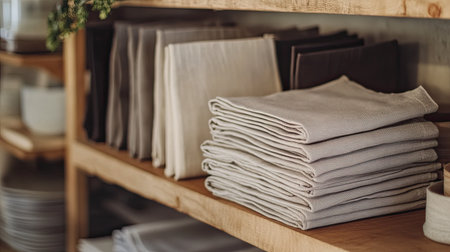 A serene image featuring neatly stacked table linens arranged on a rustic wooden shelf, showcasing a minimalist aesthetic perfect for enhancing any kitchen or dining space.の素材
