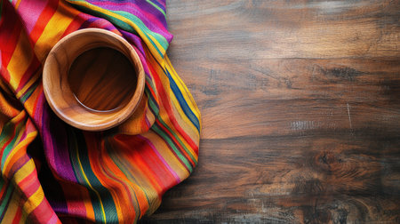 A vibrant textile drapes alongside a handcrafted wooden bowl on a rustic wooden table. This colorful arrangement adds warmth and charm to any setting.の素材