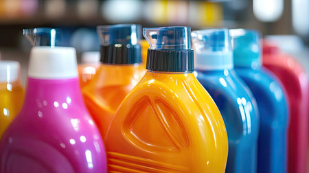 Bright and colorful bottles of cleaning products on display in a retail setting. These containers are perfect for showcasing hygiene and household supplies.の素材