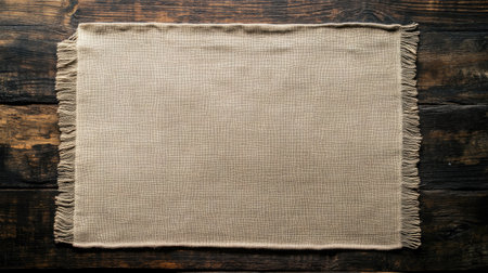 A plain beige woven textile featuring fringed edges rests on a rustic wooden surface. This versatile piece adds warmth and elegance to any setting. Perfect for home decor.の素材