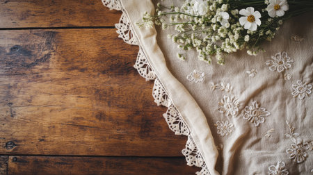 A beautiful vintage table setting featuring delicate flowers on a lace cloth, creating a warm and inviting atmosphere on a wooden surface. Perfect for aesthetic photos.の素材