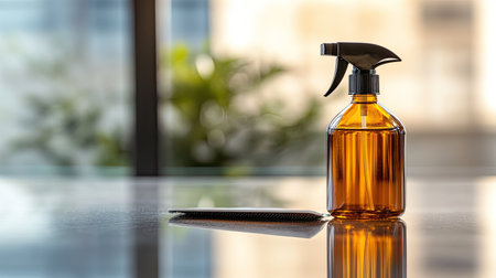 A stylish amber glass spray bottle sits on a reflective surface, ready for use in cleaning or aromatherapy. Its sleek design enhances any space.の素材