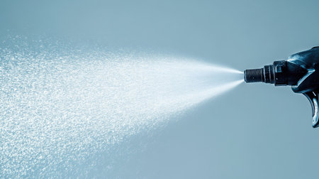 Detailed view of a water spray nozzle releasing a fine mist, ideal for cleaning or gardening tasks, showcasing versatility and efficient performance.の素材