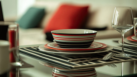 A beautifully arranged modern dining table featuring striped dishware, elegant glassware, and a cozy atmosphere, perfect for gatherings and meals.の素材