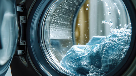 A captivating close-up of a washing machine drum reveals water splashing onto wet clothes. The scene captures the essence of laundry routines and home care.の素材