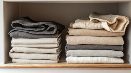 A collection of neatly stacked kitchen towels in soft neutral shades offers a stylish and organized touch to any home. Ideal for decor or functional use.の素材