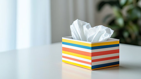 This image features a colorful tissue box placed on a table, surrounded by soft lighting and greenery. Ideal for showcasing home decor and hygiene essentials.の素材