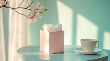 A serene scene featuring a pink tissue box and a coffee cup on a table, illuminated by soft sunlight. Ideal for lifestyle and home decor themes.の素材