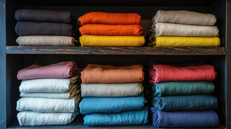 A visually appealing display of neatly stacked colorful fabric bundles on a dark wooden shelf. Perfect for home decor inspiration and textile-related projects.の素材