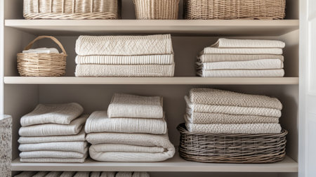 This image features neatly arranged shelves filled with soft textiles and natural wicker baskets, highlighting organization and modern decor.の素材