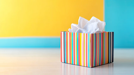 A vibrant and cheerful gift box with colorful stripes and delicate tissue paper, set against a bright background, perfect for celebrations and holidays.の素材