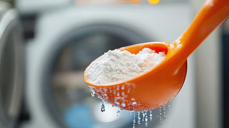 A bright orange scoop holds laundry detergent droplets, showcasing cleanliness in domestic tasks. Suitable for laundry-themed projects or cleaning materials.の素材