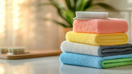 A vibrant arrangement of colorful cleaning sponges and brushes on a bright countertop, emphasizing cleanliness, organization, and home care aesthetics.の素材