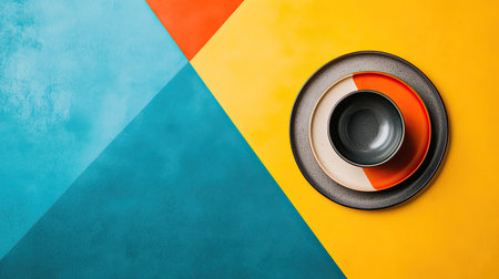 This image features a vibrant table setting with modern plates and bowls arranged artistically on a colorful, geometric background. Perfect for culinary design.の素材