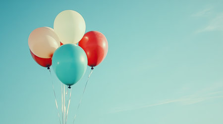 A vibrant arrangement of colorful balloons floats against a clear blue sky, perfect for conveying joy and celebration. Ideal for festive themes.の素材