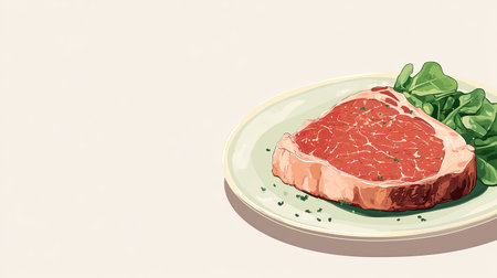A vibrant illustration featuring a fresh raw steak on a plate, accompanied by a garnish of green lettuce. Perfect for food-related themes and culinary art.の素材