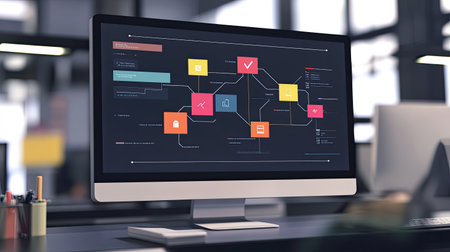 A modern computer screen showcases a vibrant flowchart with colorful icons and process elements, reflecting innovation and digital strategy in a professional workspace.の素材