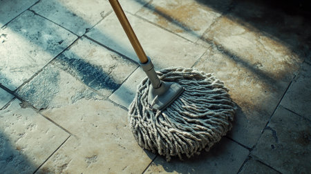 This image showcases a mop positioned on a wet floor, capturing sunlight and creating interesting shadows, emphasizing cleanliness and home maintenance.の素材
