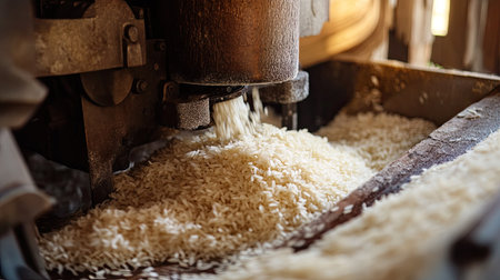 A close-up view of rice being milled, showcasing grains flowing from machinery. This image highlights the agricultural and industrial aspects of rice production.の素材