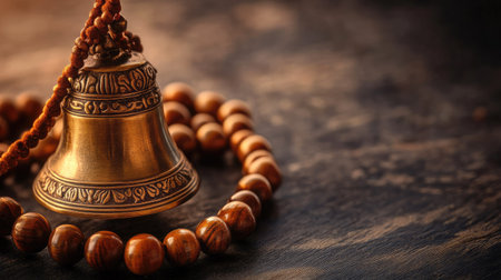 A serene brass bell rests beside a strand of wooden beads on a textured wooden table, evoking feelings of spirituality and tranquility in a peaceful setting.の素材