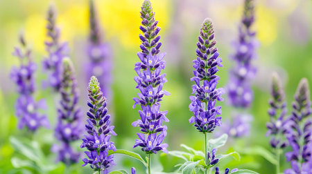 Close-up view of vibrant purple flowers standing tall in a lush green landscape. The stunning blooms create a peaceful and serene atmosphere in nature.の素材