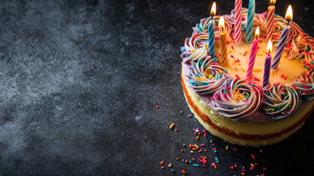 A vibrant birthday cake adorned with colorful frosting and candles, perfect for celebrations. Sprinkles scatter around, adding a festive touch to any gathering.の素材