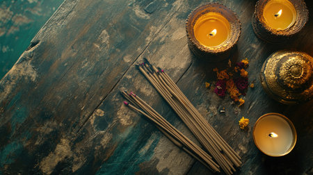A serene flat lay composition featuring incense sticks, glowing candles, and intricate decorative items on a rustic wooden surface, creating a calming atmosphere perfect for meditation and relaxation.の素材