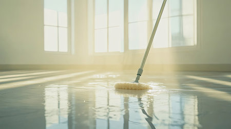 A bright room bathed in sunlight showcases a person cleaning the floor with a mop. The scene captures the serene atmosphere of a fresh and hygienic interior space.の素材