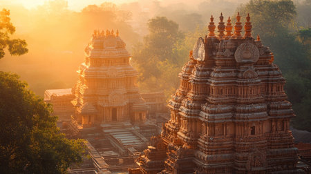 Experience the enchanting beauty of ancient temples illuminated by the warm glow of sunrise, surrounded by mist and lush greenery, exuding tranquility and spirituality.の素材