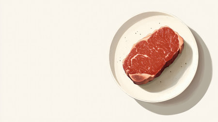 A raw beef steak placed on a white plate against a light background. This image captures the freshness and quality of meat, perfect for culinary displays.の素材