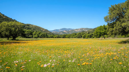 A stunning wildflower meadow in full bloom showcases vibrant colors against a backdrop of green hills and a clear blue sky, creating a serene landscape.の素材