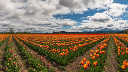 A stunning view of an expansive tulip field bursting with vibrant orange flowers under a dramatic sky. The mountains in the background enhance the serene landscape.の素材