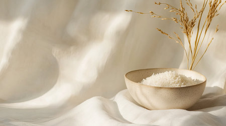 A serene composition featuring a bowl of rice and dried grass, set against soft, textured fabric. Ideal for themes of minimalism and natural beauty.の素材