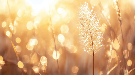 Captivating image of golden grass illuminated by sunlight, with soft bokeh in the background. The tranquil scene evokes warmth and beauty found in nature.の素材