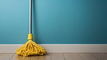 A vibrant yellow mop stands against a teal wall, accentuating modern design. The wooden flooring complements the fresh look, ideal for cleaning scenes.の素材