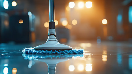 A close-up view of a mop cleaning a glossy floor in a modern interior space, showcasing the importance of sanitation and maintenance in home environments.の素材