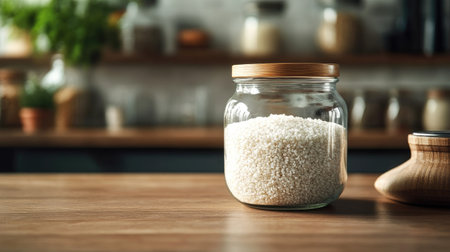 A captivating glass jar filled with white rice sitting on a wooden table in a cozy kitchen, showcasing a blend of simplicity and rustic charm suitable for any culinary setting.の素材