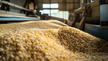 A close-up view of a golden grain pile in a modern storage facility. Natural light enhances the texture and color of the fresh wheat, showcasing agricultural productivity.の素材