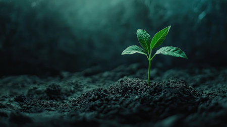 A vibrant green plant sprout emerges from rich, dark soil, symbolizing growth and resilience. Soft light highlights the delicate leaves, emphasizing nature's beauty.の素材