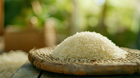 A close-up of a fresh pile of uncooked white rice resting on a rustic wooden surface, showcasing the natural texture and simplicity of this essential food ingredient.の素材