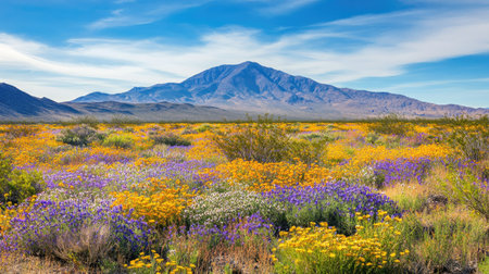 A vibrant field of wildflowers in yellow and purple blooms stretches across a valley with a majestic mountain backdrop under a clear blue sky.の素材