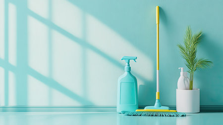 Bright aqua backdrop featuring cleaning supplies including a mop, spray bottle, and a potted plant, creating a fresh and tidy atmosphere. Ideal for cleaning themes.の素材