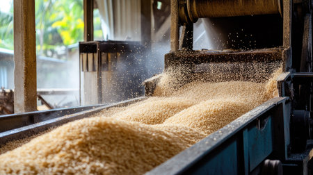 Captivating view of rice processing at a modern mill. Machinery operates efficiently, transporting raw grains through the production line.の素材