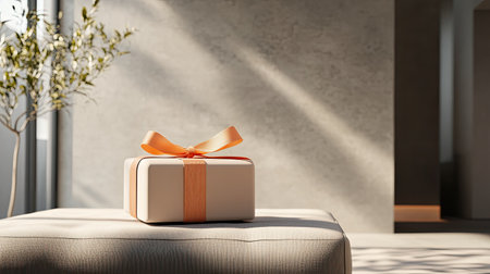 A beautifully wrapped gift box adorned with an orange ribbon, placed on a minimalist table in a modern room, creating a warm and elegant atmosphere.の素材