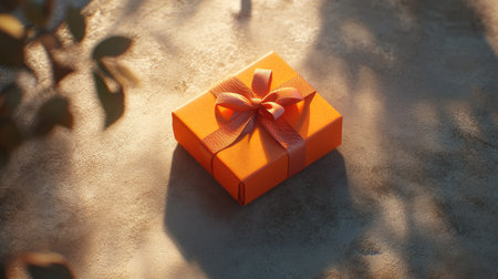 A vibrant orange gift box with a delicate ribbon sits on a textured surface, casting gentle shadows in warm sunset lighting, creating a festive and joyful atmosphere.の素材