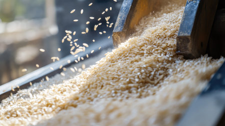 Close-up of rice grains cascading from a milling machine, capturing the essence of food production and agricultural processes in bright natural light.の素材